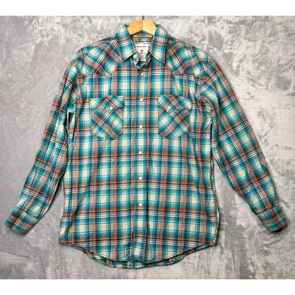 Rough Stock Panhandle Slim Shirt Mens Medium Pearl Snap Turquoise Brown Plaid - Picture 1 of 14